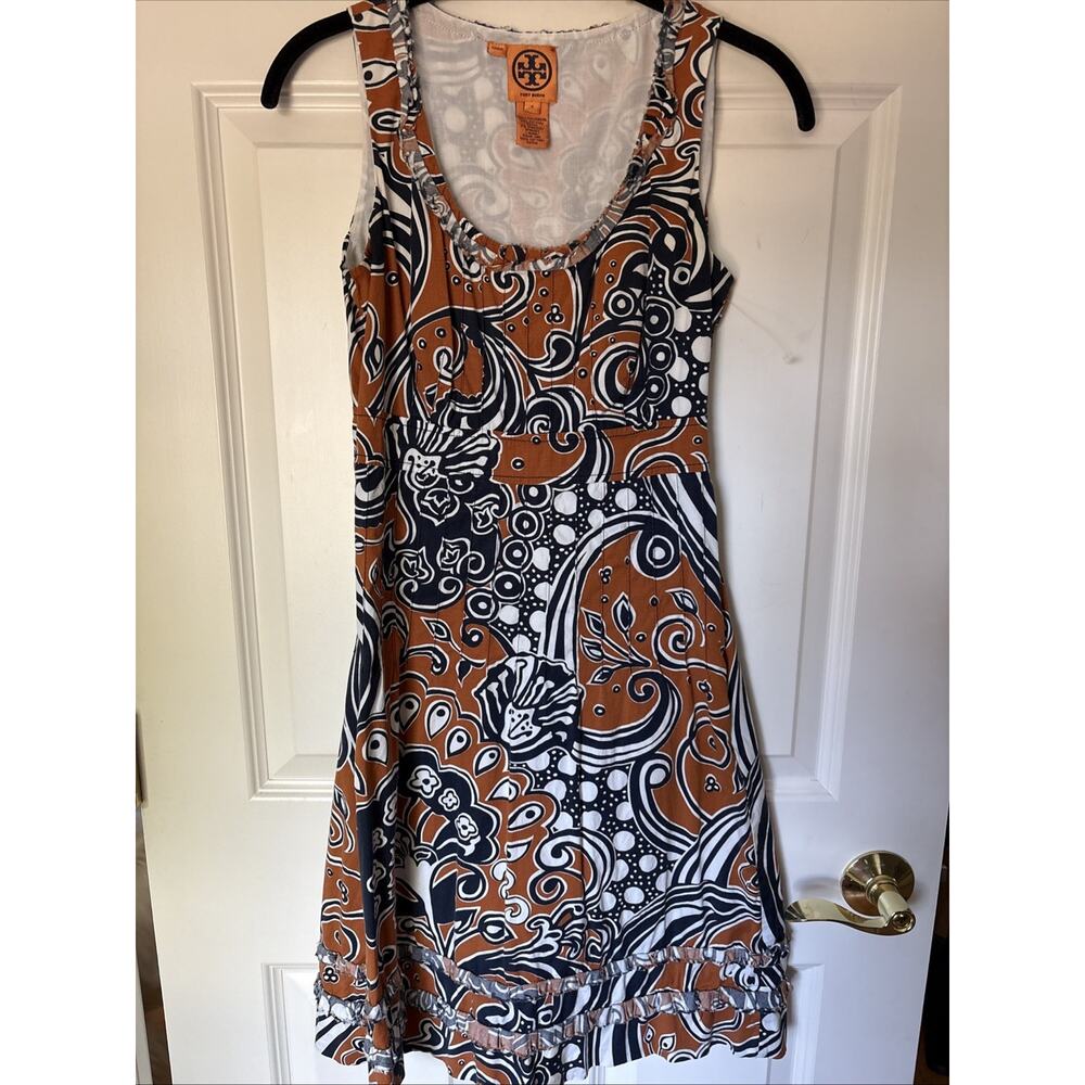 TORY BURCH PRINT Blue rust DRESS sz 2 cotton lined ruffle trim sleeveless empir